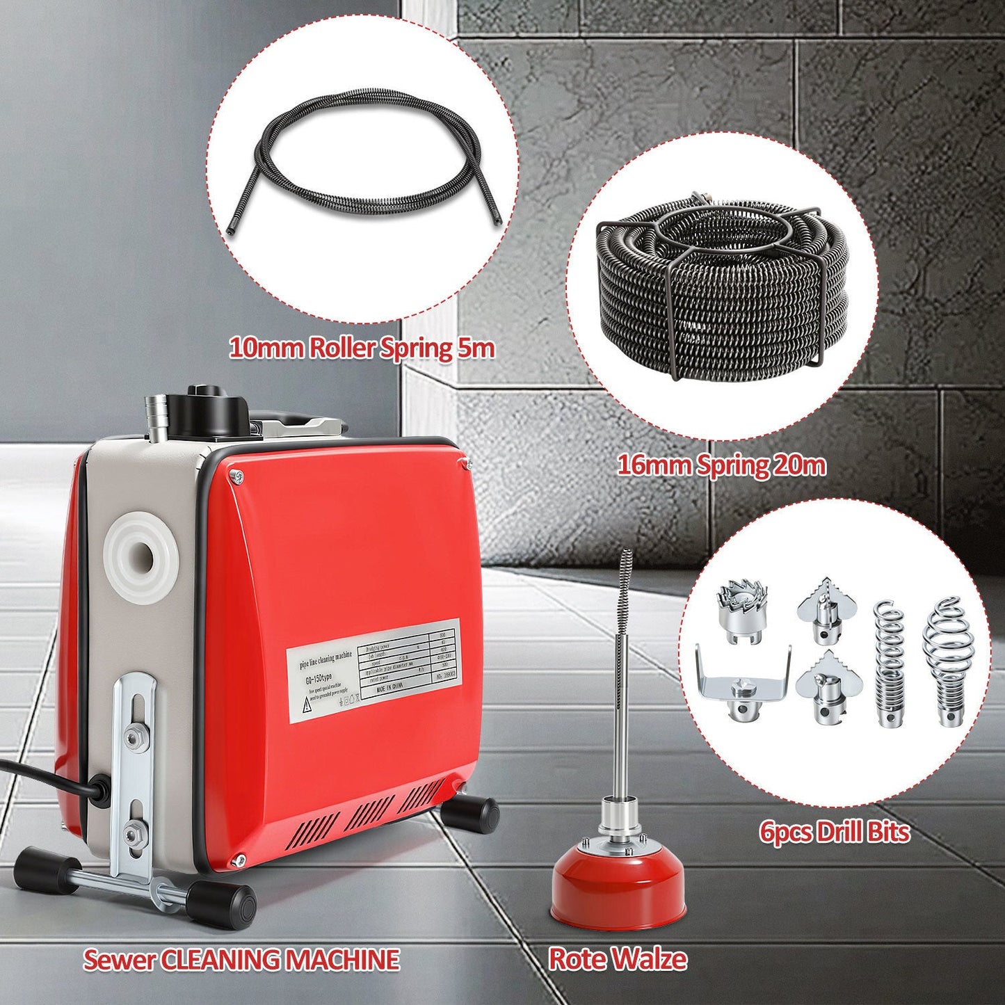 Hengda Rohrreinigungsmaschine 500W, Elektrische Abflussreiniger mit 6 Köpfen,  Rohrreinigungsgerät, Elektrische Köpfe Für 20–120 mm Rohre