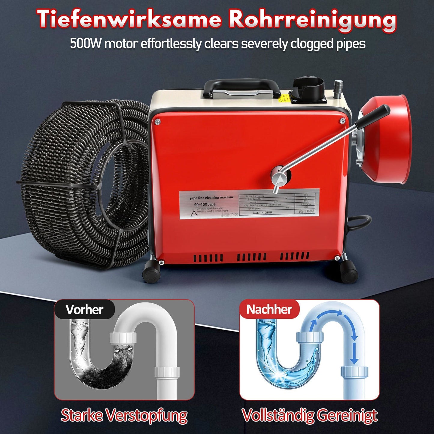 Hengda Rohrreinigungsmaschine 500W, Elektrische Abflussreiniger mit 6 Köpfen,  Rohrreinigungsgerät, Elektrische Köpfe Für 20–120 mm Rohre