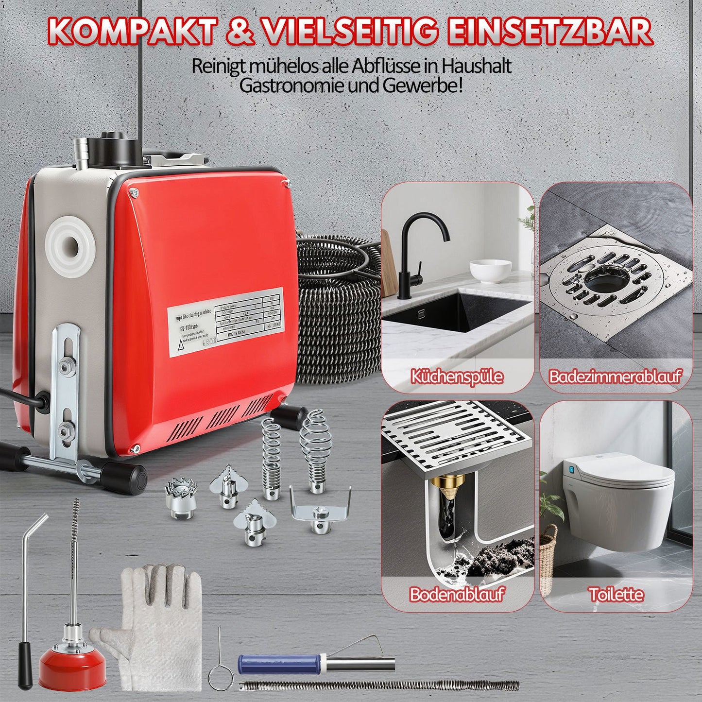 Hengda Rohrreinigungsmaschine 500W, Elektrische Abflussreiniger mit 6 Köpfen,  Rohrreinigungsgerät, Elektrische Köpfe Für 20–120 mm Rohre