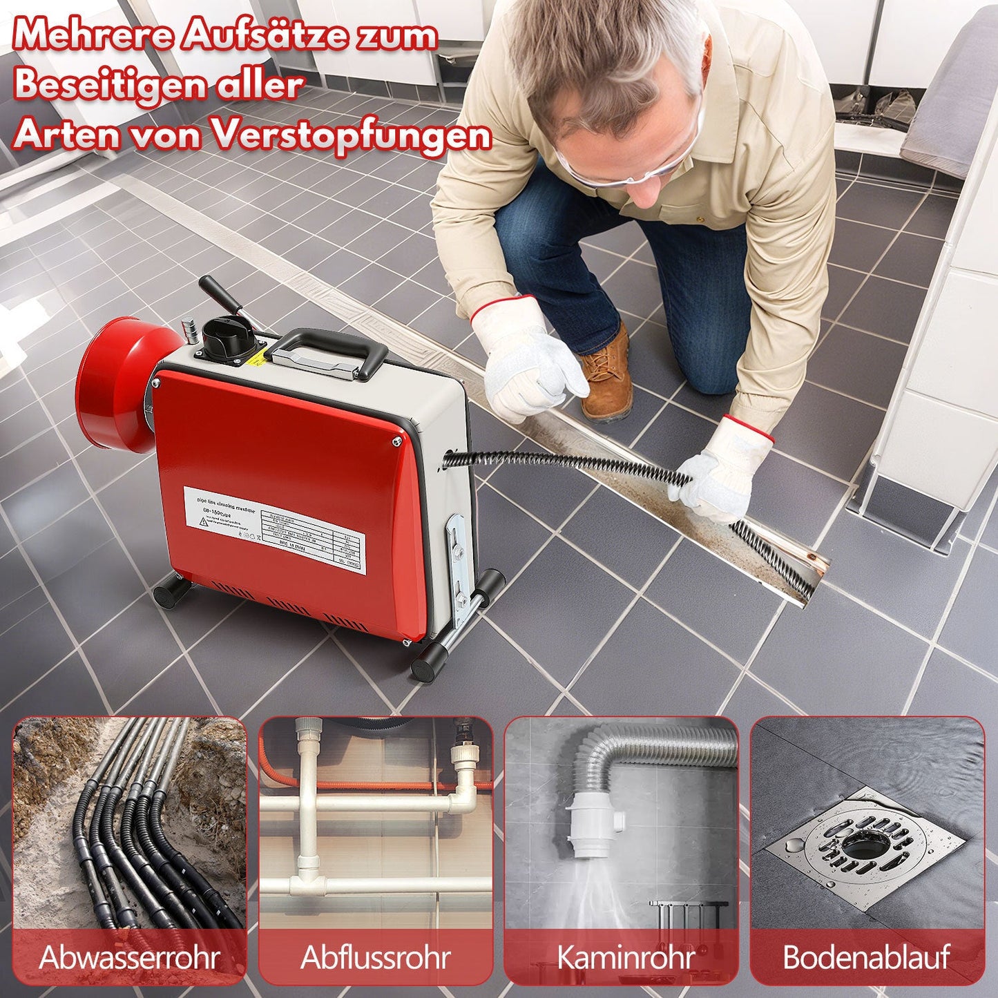 Hengda Rohrreinigungsmaschine 500W, Elektrische Abflussreiniger mit 6 Köpfen,  Rohrreinigungsgerät, Elektrische Köpfe Für 20–120 mm Rohre