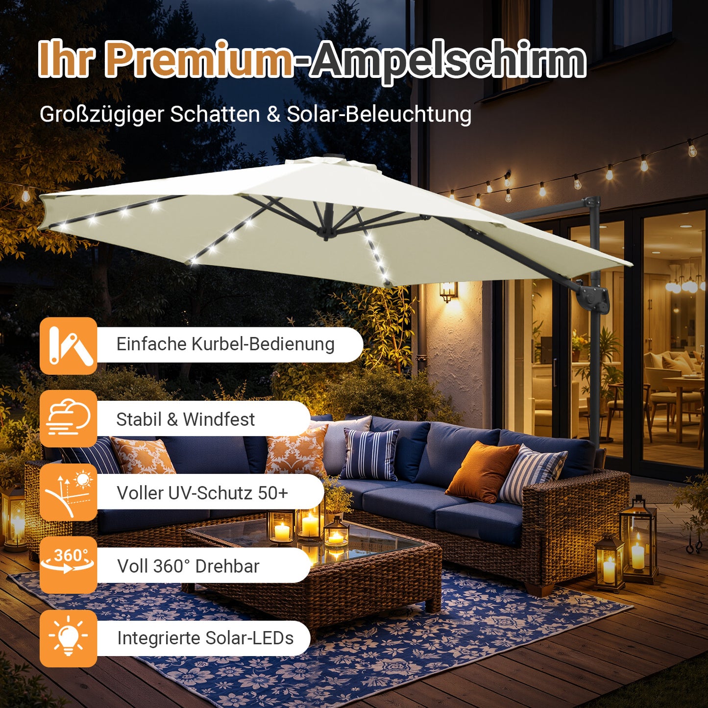Hengda Sonnenschirm Ø 300 cm, Ampelschirm mit 28 LED, Terrassenschirm Rund Wasserdicht