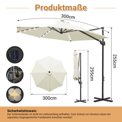 Hengda Sonnenschirm Ø 300 cm, Ampelschirm mit 28 LED, Terrassenschirm Rund Wasserdicht
