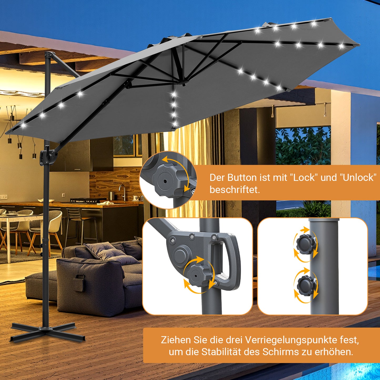 Hengda Sonnenschirm Ø 300 cm, Ampelschirm mit 28 LED, Terrassenschirm Rund Wasserdicht