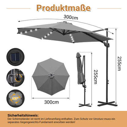 Hengda Sonnenschirm Ø 300 cm, Ampelschirm mit 28 LED, Terrassenschirm Rund Wasserdicht