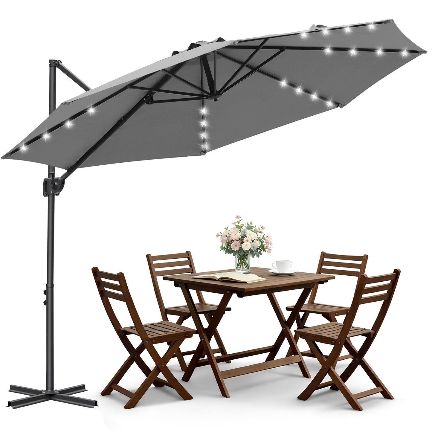 Hengda Sonnenschirm Ø 300 cm, Ampelschirm mit 28 LED, Terrassenschirm Rund Wasserdicht