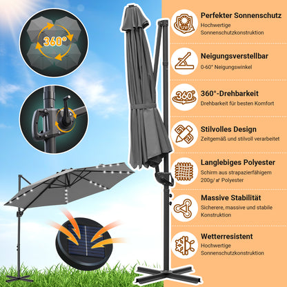 Hengda Sonnenschirm Ø 300 cm, Ampelschirm mit 28 LED, Terrassenschirm Rund Wasserdicht
