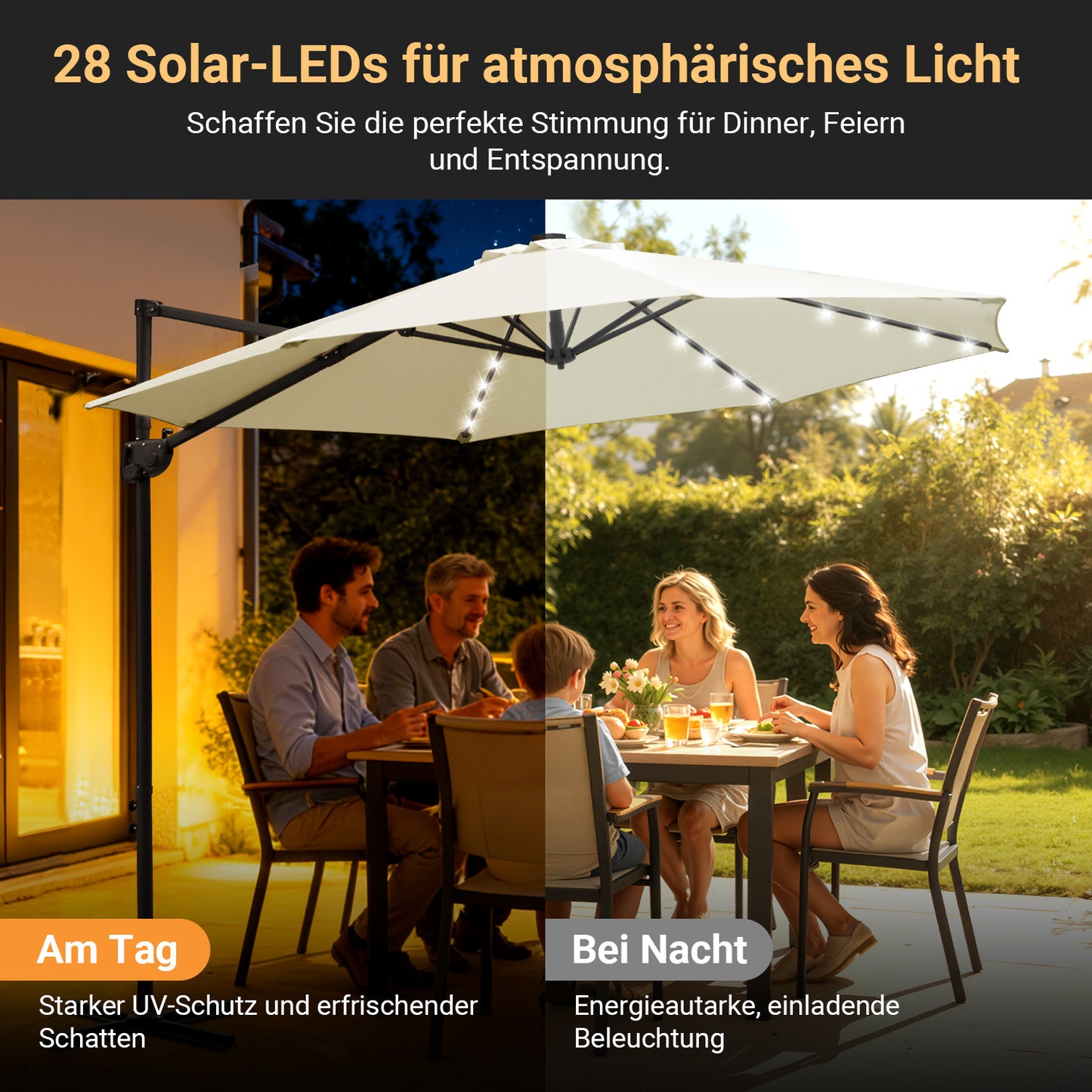 Hengda Sonnenschirm Ø 300 cm, Ampelschirm mit 28 LED, Terrassenschirm Rund Wasserdicht