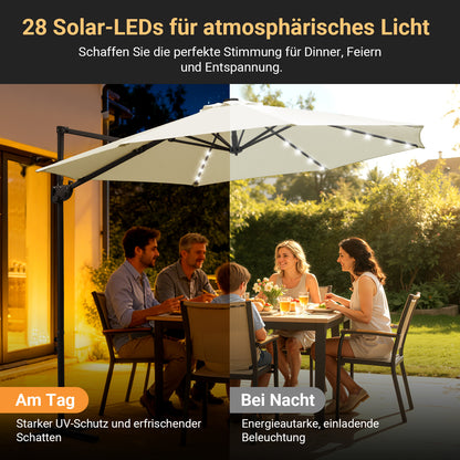 Hengda Sonnenschirm Ø 300 cm, Ampelschirm mit 28 LED, Terrassenschirm Rund Wasserdicht