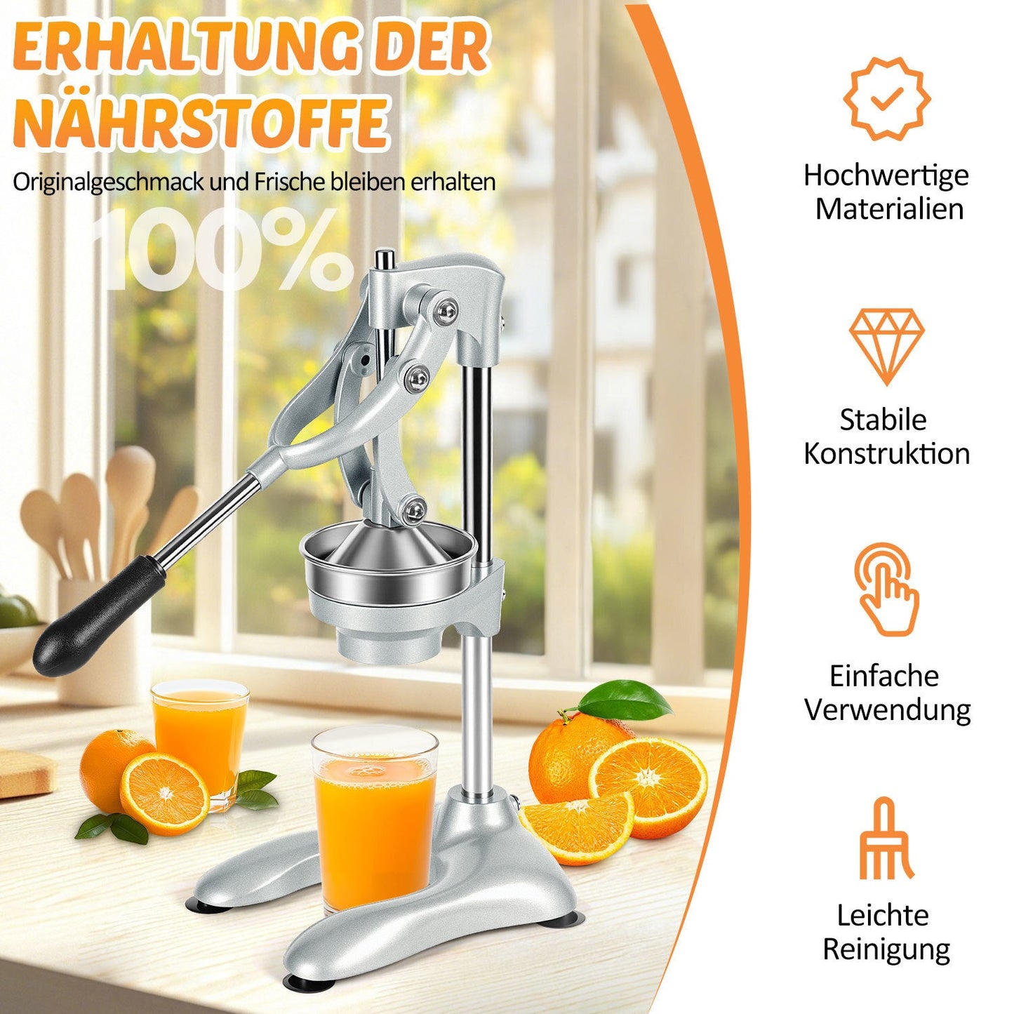 Hengda Saftpresse Manuell, Zitronenpresse, Zitruspresse Edelstahl, Orangenpresse Flüsterleise, für alle Saftfrüchte Geeignet