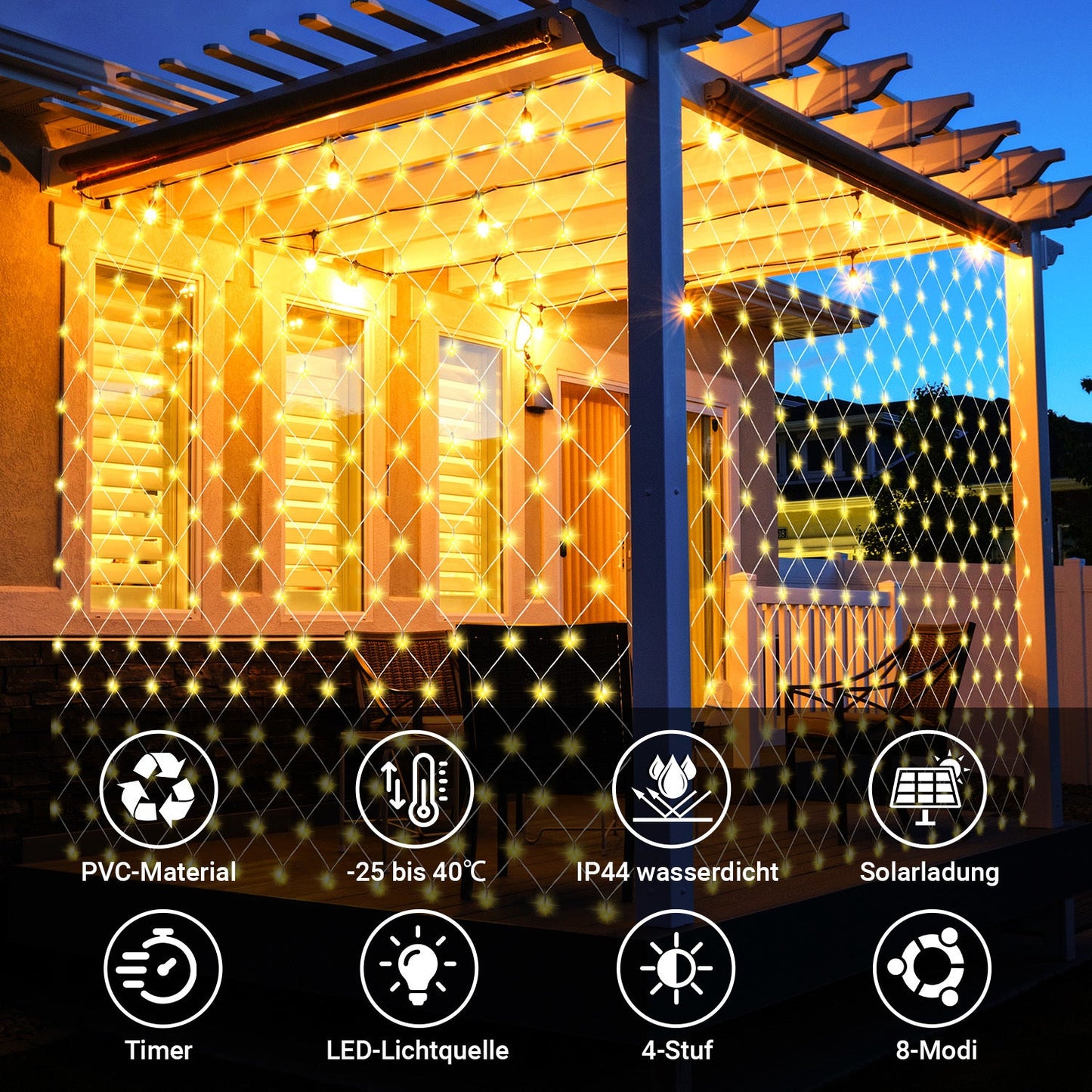 Hengda Solar LED Lichternetz IP44 Außen | Lichtervorhang mit Fernbedienung & Timer | LED Lichterkette für Garten, Fenster, Balkon & Weihnachtsdeko
