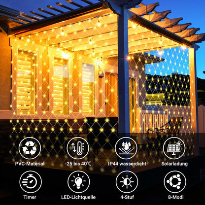 Hengda Solar LED Lichternetz IP44 Außen | Lichtervorhang mit Fernbedienung & Timer | LED Lichterkette für Garten, Fenster, Balkon & Weihnachtsdeko