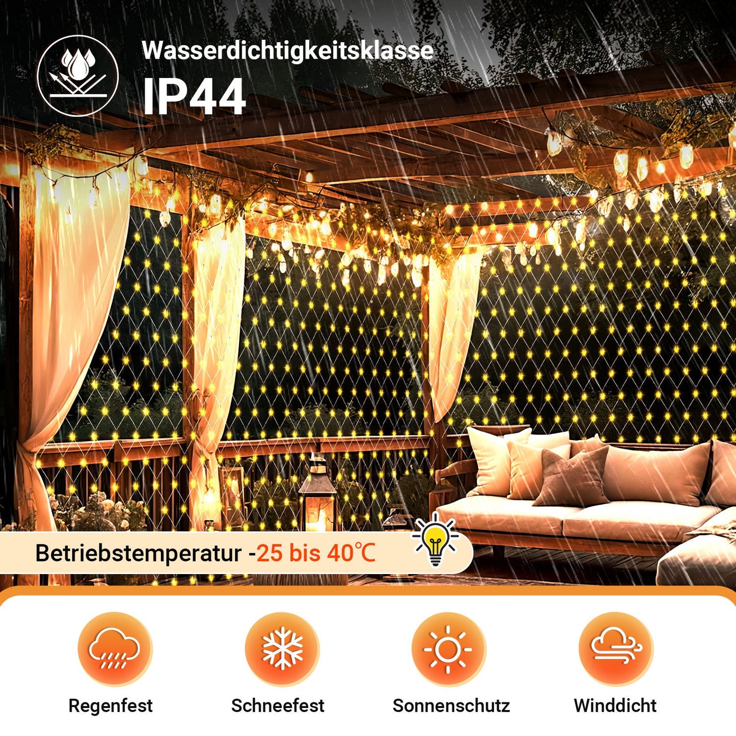 Hengda Solar LED Lichternetz IP44 Außen | Lichtervorhang mit Fernbedienung & Timer | LED Lichterkette für Garten, Fenster, Balkon & Weihnachtsdeko