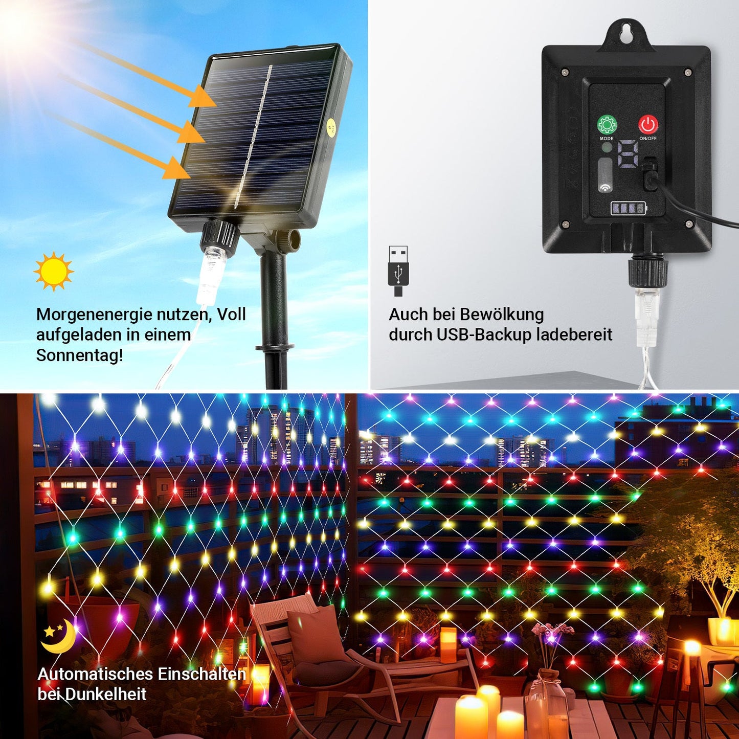 Hengda Solar LED Lichternetz IP44 Außen | Lichtervorhang mit Fernbedienung & Timer | LED Lichterkette für Garten, Fenster, Balkon & Weihnachtsdeko