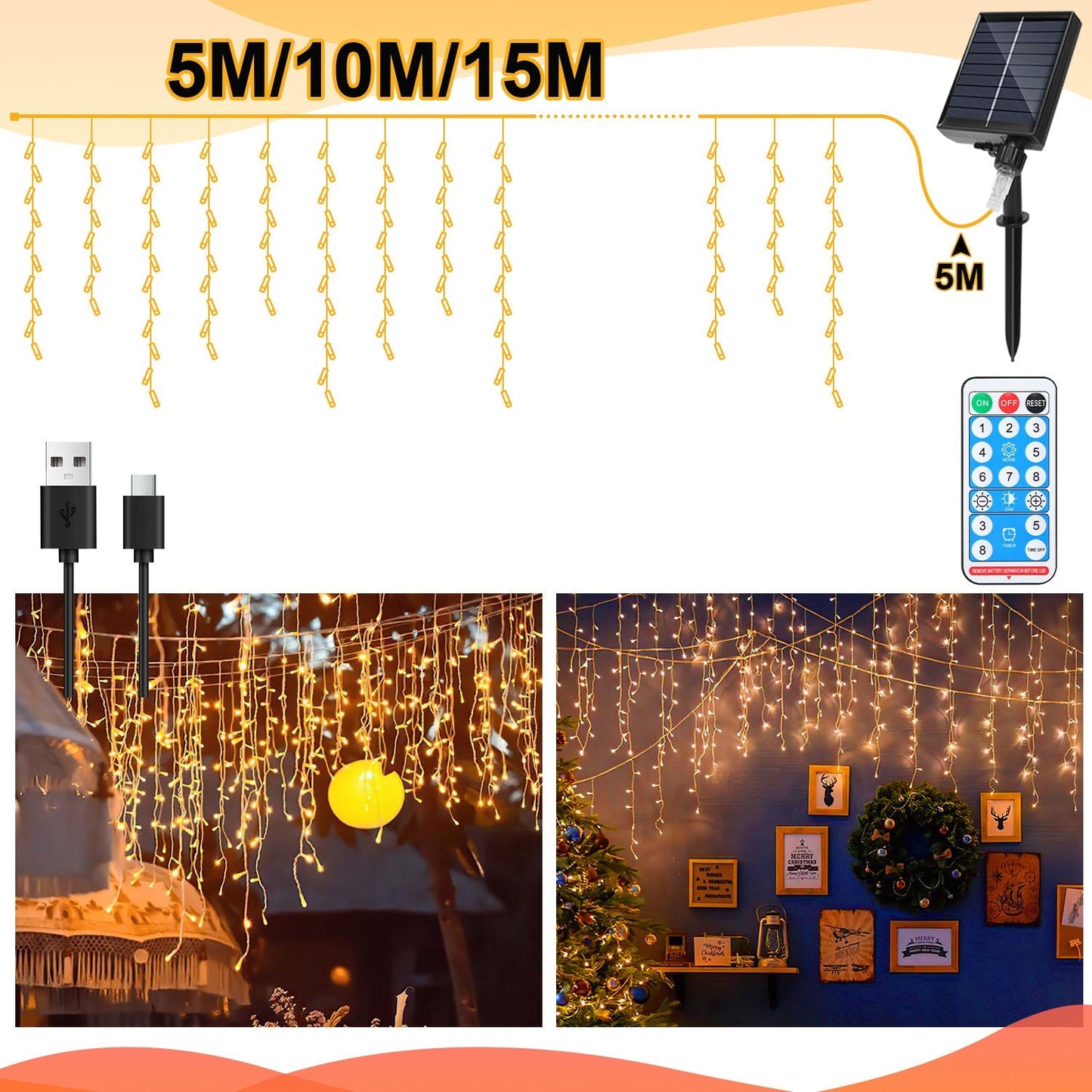 Hengda Solar Eisregen Lichterkette mit Fernbedienung 5m-15m