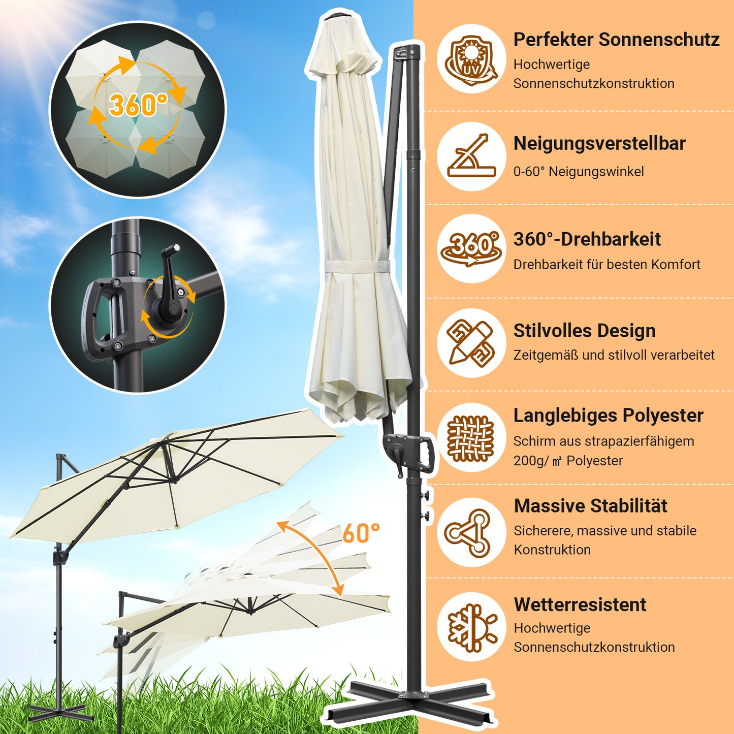 Hengda Sonnenschirm Ø 300 cm, 360° Rotation, Ampelschirm Rund Marktschirm für Gärten, Terrassen