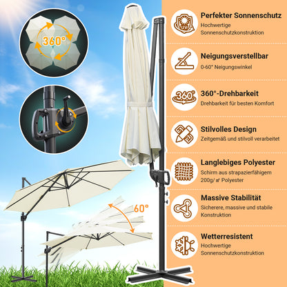 Hengda Sonnenschirm Ø 300 cm, 360° Rotation, Ampelschirm Rund Marktschirm für Gärten, Terrassen