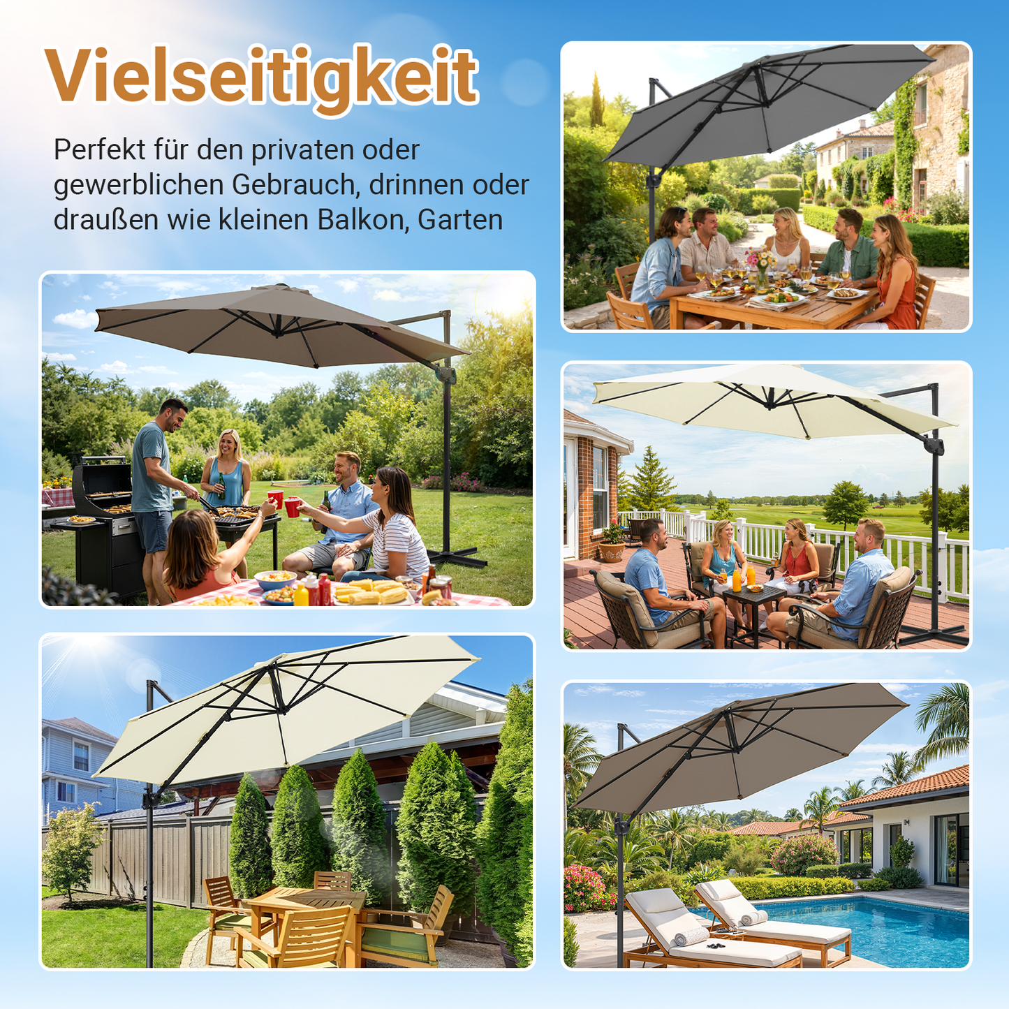 Hengda Sonnenschirm Ø 300 cm, 360° Rotation, Ampelschirm Rund Marktschirm für Gärten, Terrassen