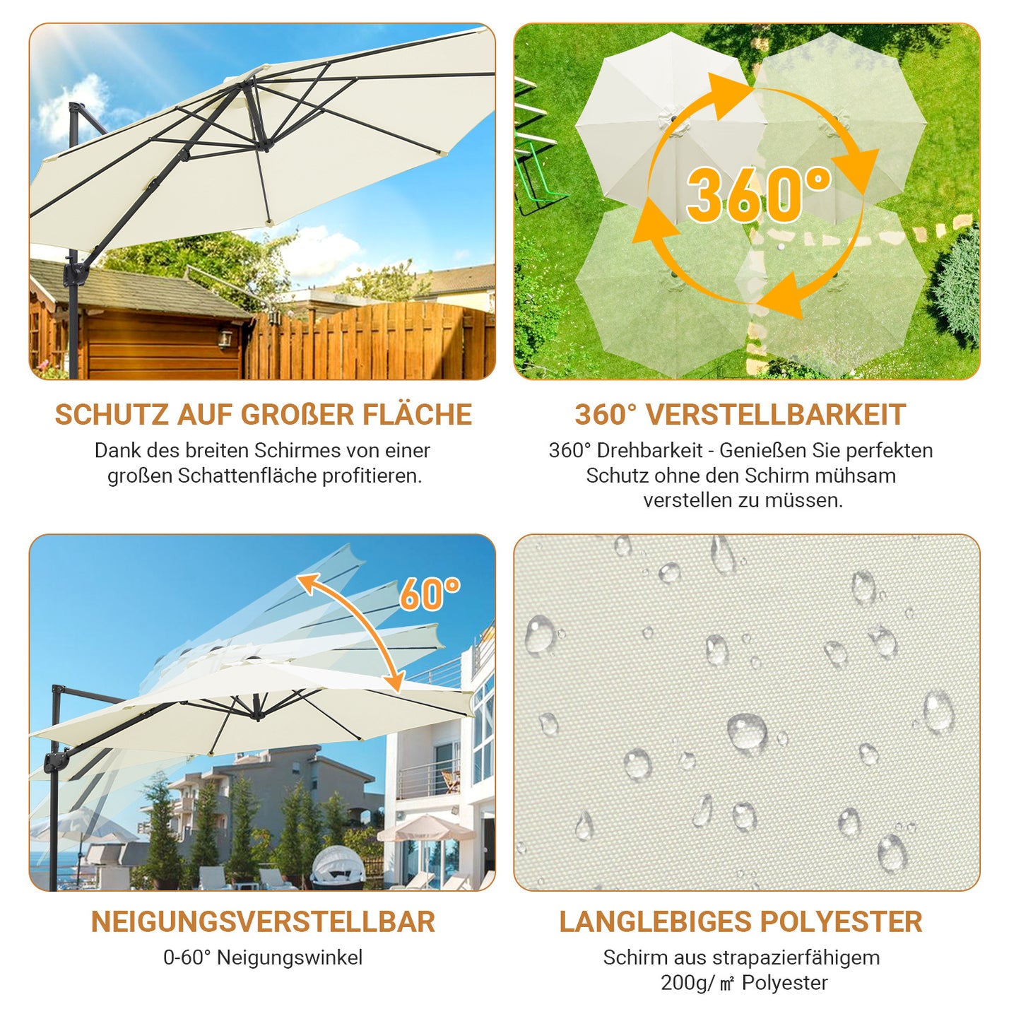 Hengda Sonnenschirm Ø 300 cm, 360° Rotation, Ampelschirm Rund Marktschirm für Gärten, Terrassen