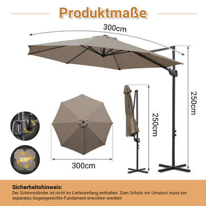 Hengda Sonnenschirm Ø 300 cm, 360° Rotation, Ampelschirm Rund Marktschirm für Gärten, Terrassen