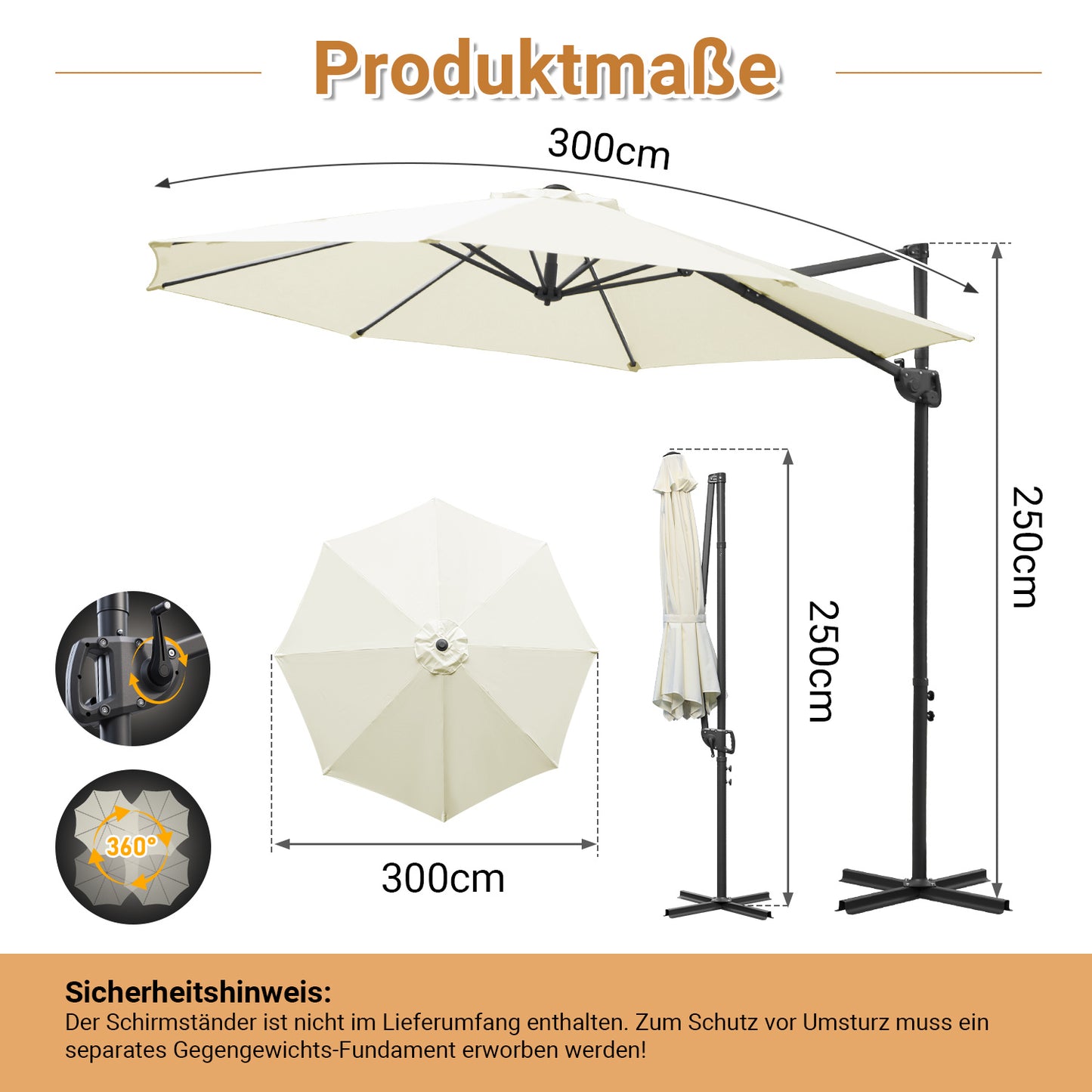 Hengda Sonnenschirm Ø 300 cm, 360° Rotation, Ampelschirm Rund Marktschirm für Gärten, Terrassen