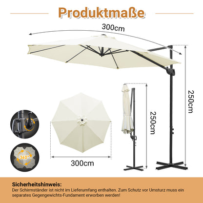 Hengda Sonnenschirm Ø 300 cm, 360° Rotation, Ampelschirm Rund Marktschirm für Gärten, Terrassen