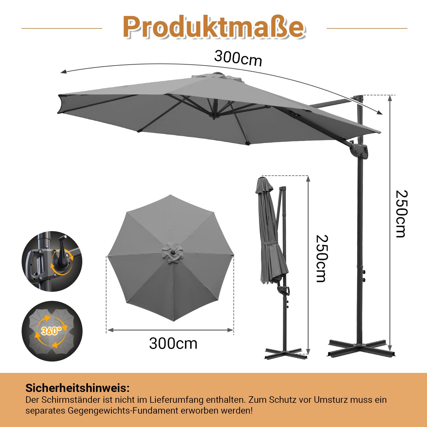 Hengda Sonnenschirm Ø 300 cm, 360° Rotation, Ampelschirm Rund Marktschirm für Gärten, Terrassen
