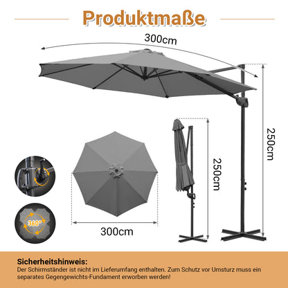 Hengda Sonnenschirm Ø 300 cm, 360° Rotation, Ampelschirm Rund Marktschirm für Gärten, Terrassen