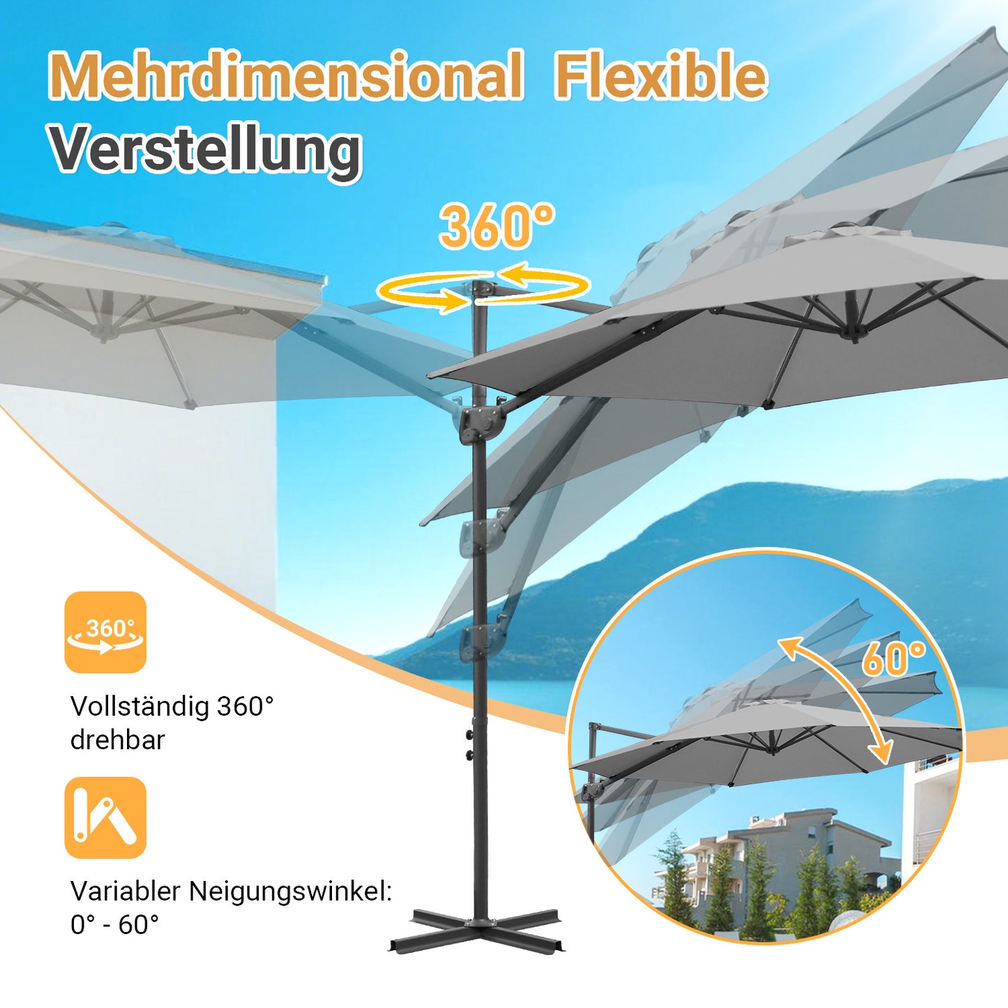 Hengda Sonnenschirm Ø 300 cm, 360° Rotation, Ampelschirm Rund Marktschirm für Gärten, Terrassen