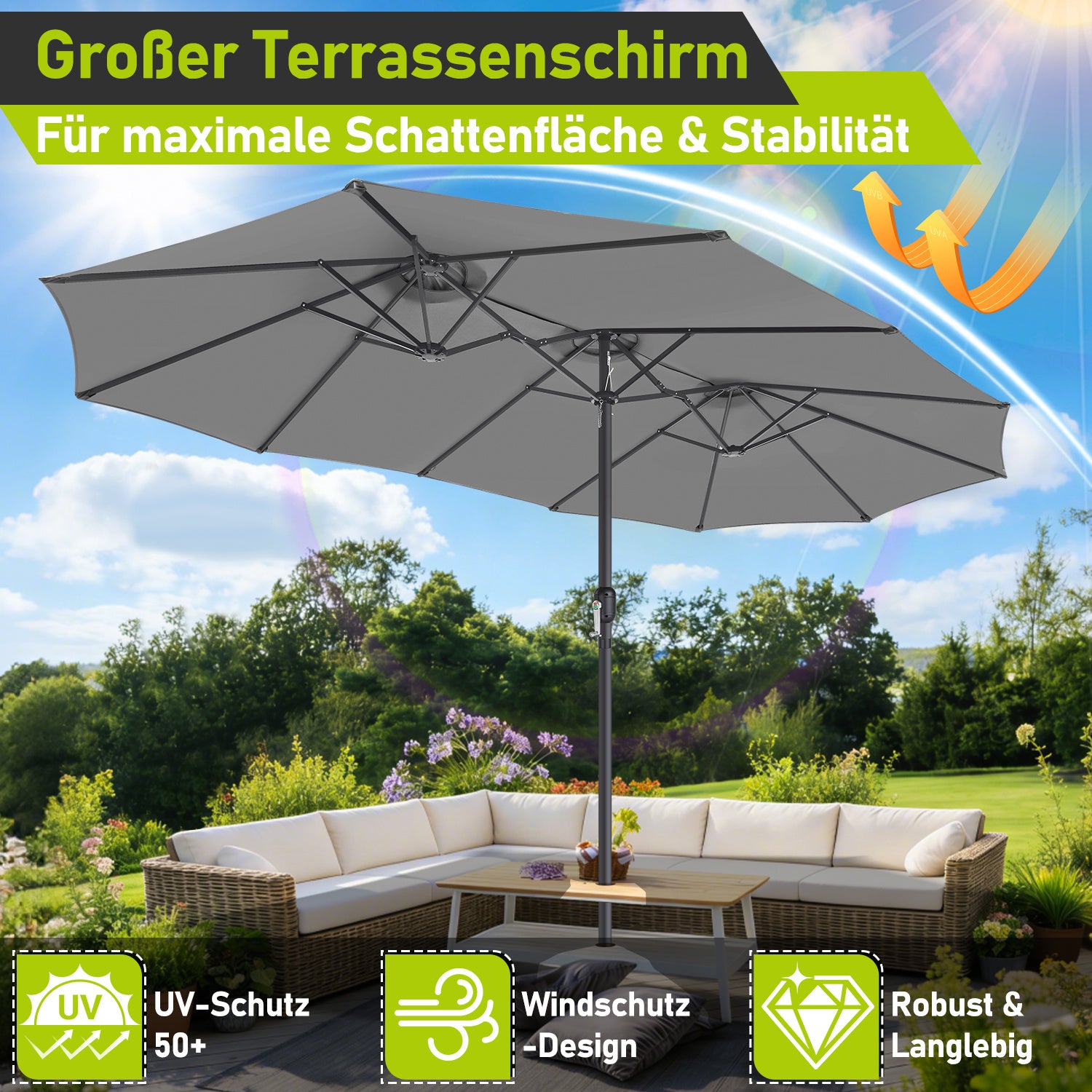 Hengda Sonnenschirm Doppelsonnenschirm, Gartenschirm Windfest Kurbelschirm Sonnenschutz, ohne Ständer