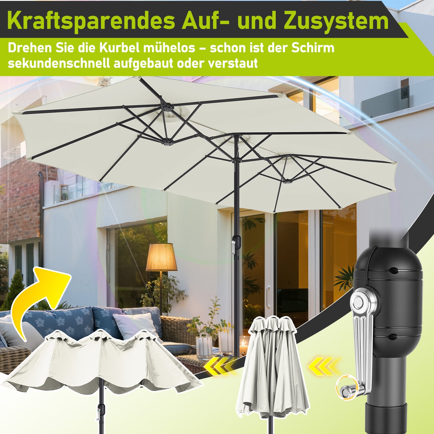 Hengda Sonnenschirm Doppelsonnenschirm, Gartenschirm Windfest Kurbelschirm Sonnenschutz, ohne Ständer