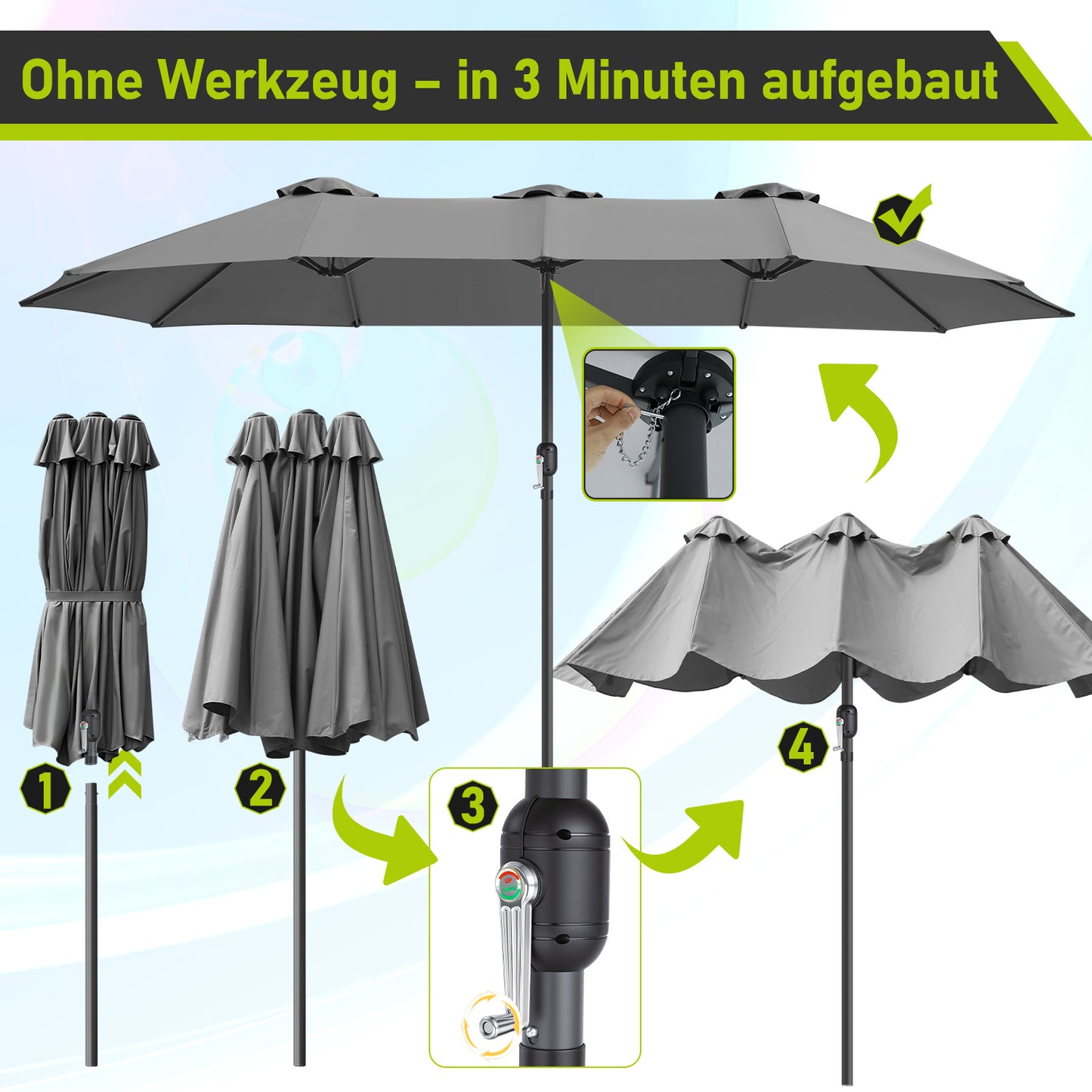 Hengda Sonnenschirm Doppelsonnenschirm, Gartenschirm Windfest Kurbelschirm Sonnenschutz, ohne Ständer