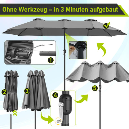 Hengda Sonnenschirm Doppelsonnenschirm, Gartenschirm Windfest Kurbelschirm Sonnenschutz, ohne Ständer