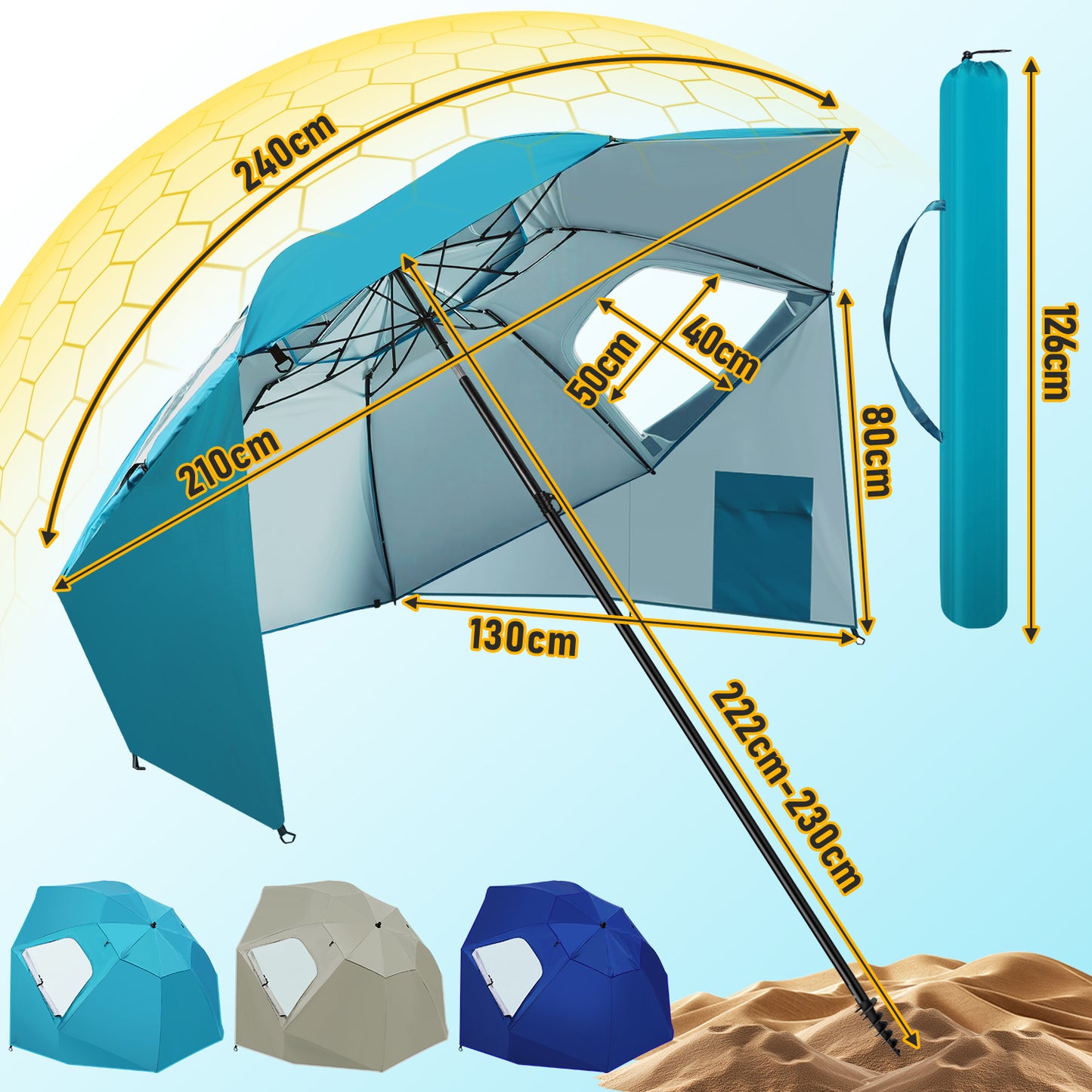 Hengda Strandschirm Strandmuschel 2 in 1 mit UV50+, mit Seitenwänden, neigbarem Drehkopf, Spiral-Erdspieß & Tragetasche