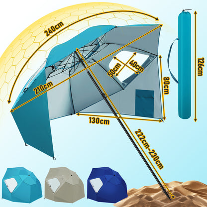 Hengda Strandschirm Strandmuschel 2 in 1 mit UV50+, mit Seitenwänden, neigbarem Drehkopf, Spiral-Erdspieß & Tragetasche
