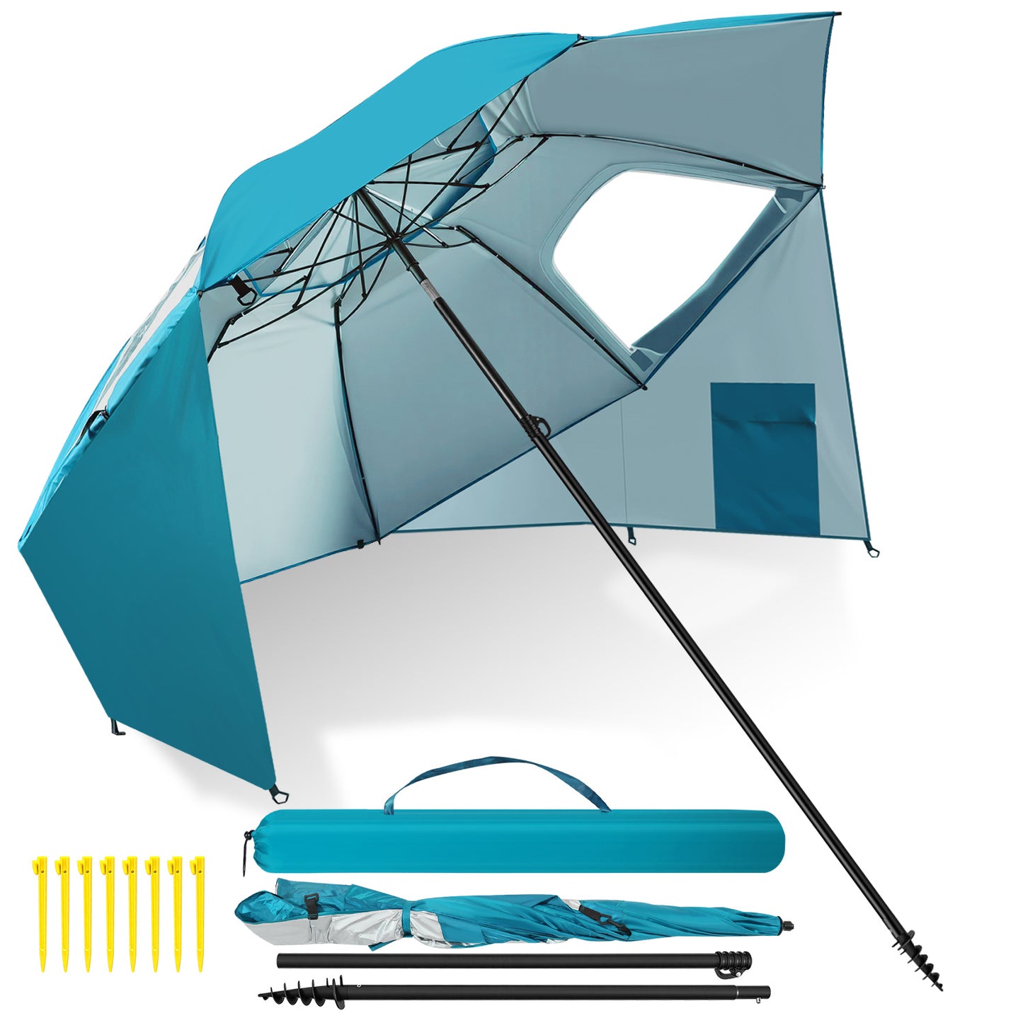 Hengda Strandschirm Strandmuschel 2 in 1 mit UV50+, mit Seitenwänden, neigbarem Drehkopf, Spiral-Erdspieß & Tragetasche