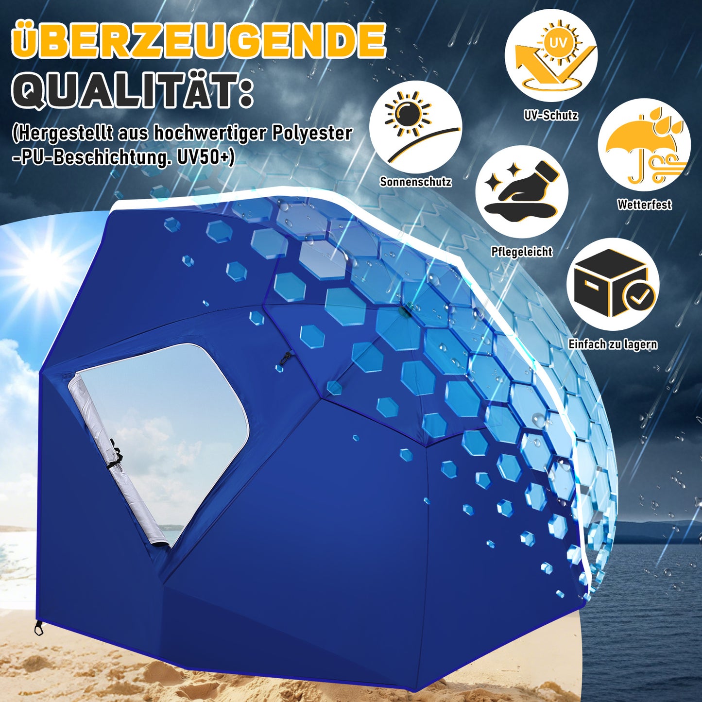 Hengda Strandschirm Strandmuschel 2 in 1 mit UV50+, mit Seitenwänden, neigbarem Drehkopf, Spiral-Erdspieß & Tragetasche
