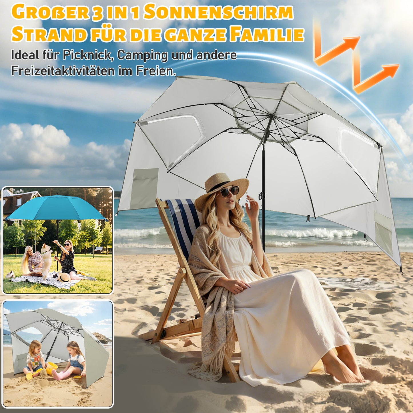 Hengda Strandschirm Strandmuschel 2 in 1 mit UV50+, mit Seitenwänden, neigbarem Drehkopf, Spiral-Erdspieß & Tragetasche
