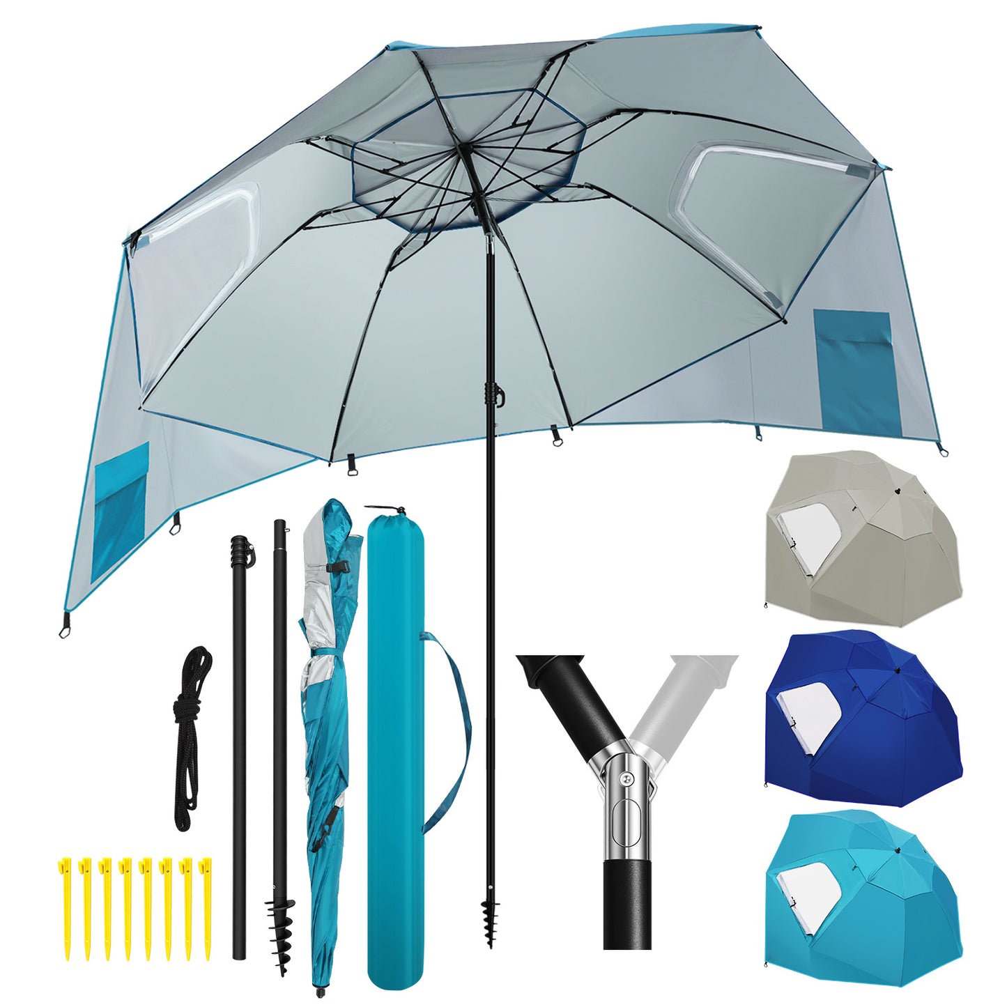 Hengda Strandschirm Strandmuschel 2 in 1 mit UV50+, mit Seitenwänden, neigbarem Drehkopf, Spiral-Erdspieß & Tragetasche