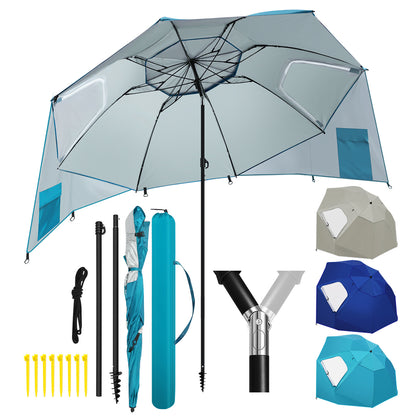 Hengda Strandschirm Strandmuschel 2 in 1 mit UV50+, mit Seitenwänden, neigbarem Drehkopf, Spiral-Erdspieß & Tragetasche