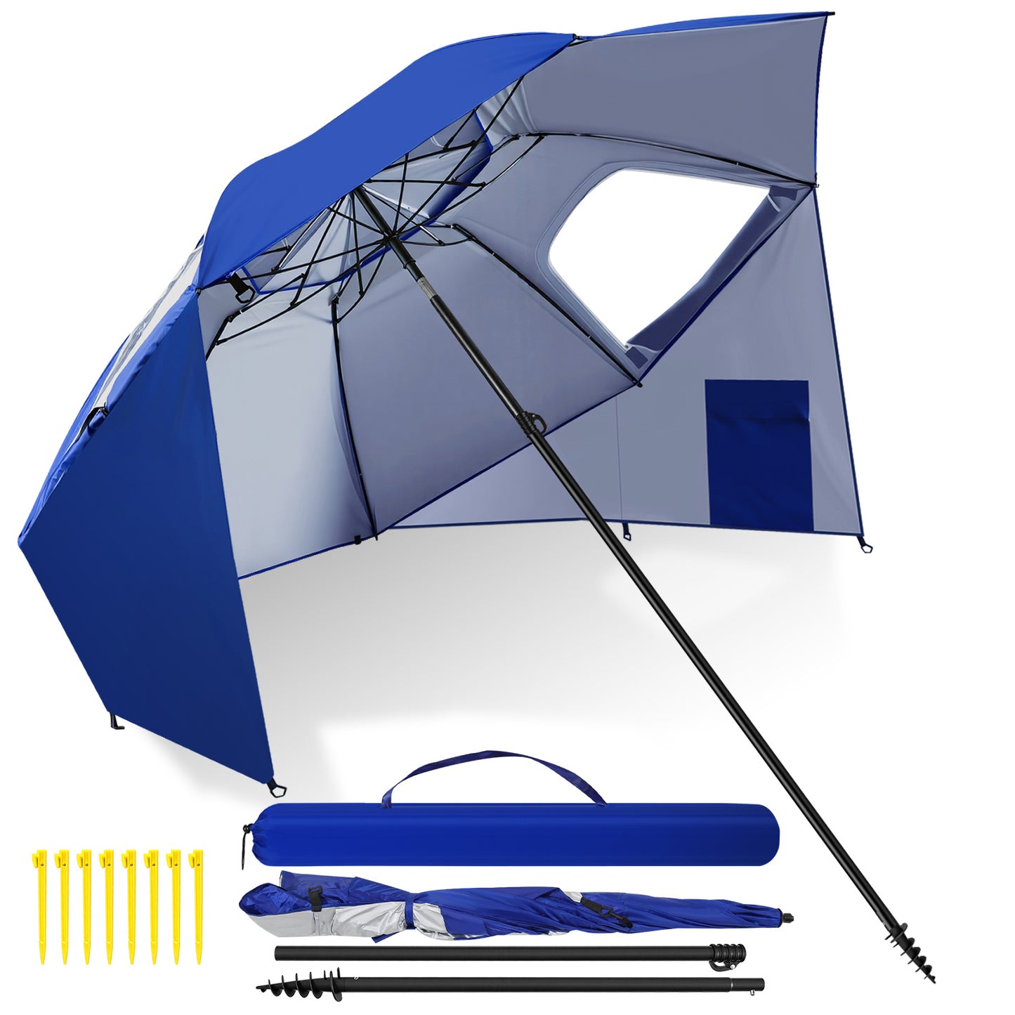 Hengda Strandschirm Strandmuschel 2 in 1 mit UV50+, mit Seitenwänden, neigbarem Drehkopf, Spiral-Erdspieß & Tragetasche