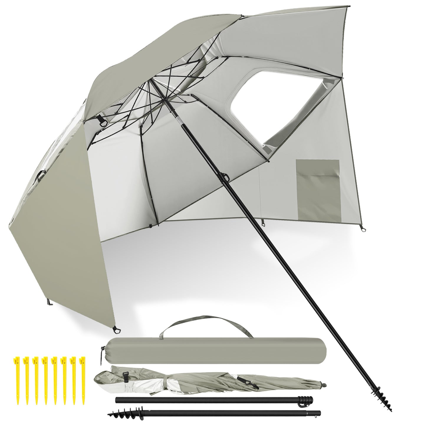 Hengda Strandschirm Strandmuschel 2 in 1 mit UV50+, mit Seitenwänden, neigbarem Drehkopf, Spiral-Erdspieß & Tragetasche