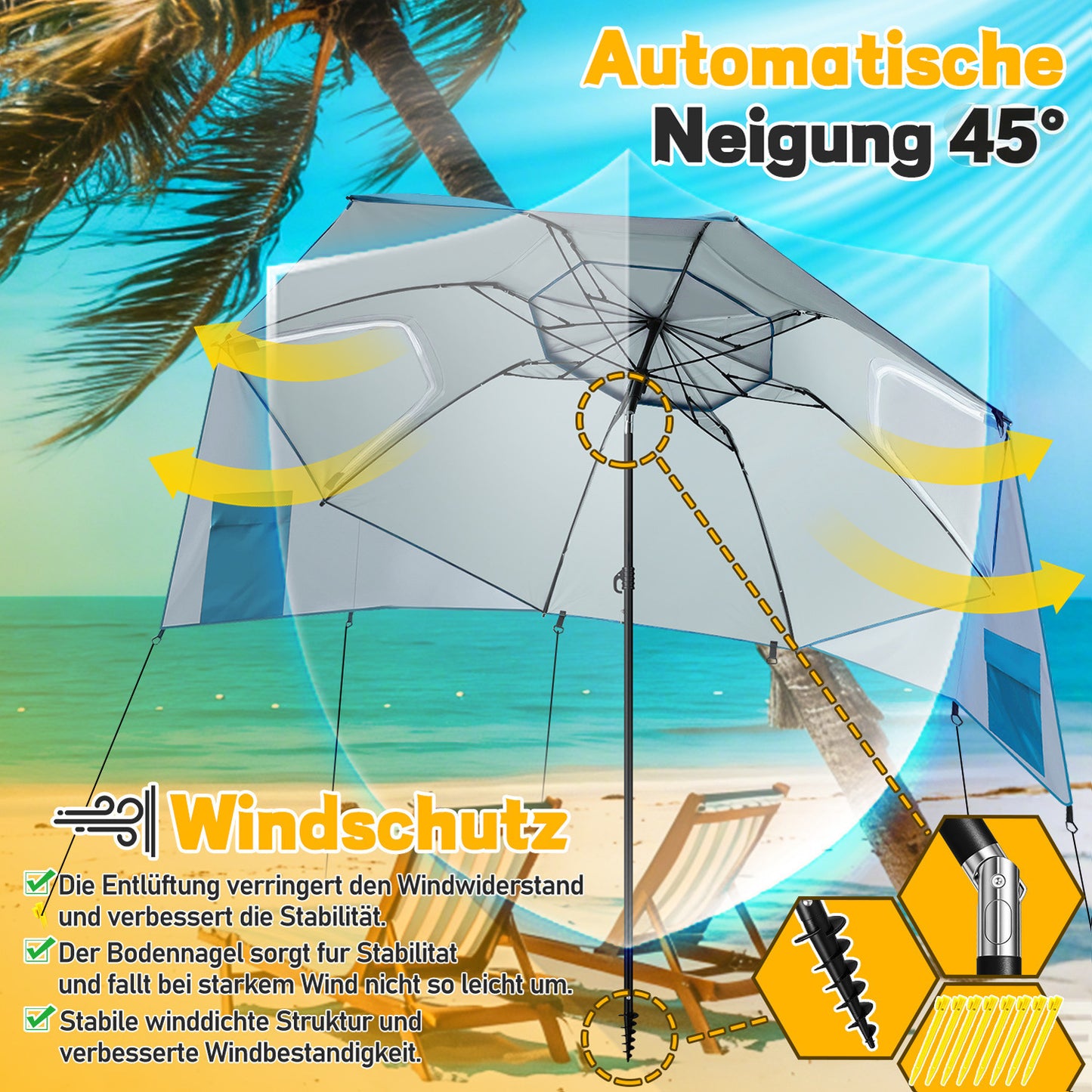 Hengda Strandschirm Strandmuschel 2 in 1 mit UV50+, mit Seitenwänden, neigbarem Drehkopf, Spiral-Erdspieß & Tragetasche
