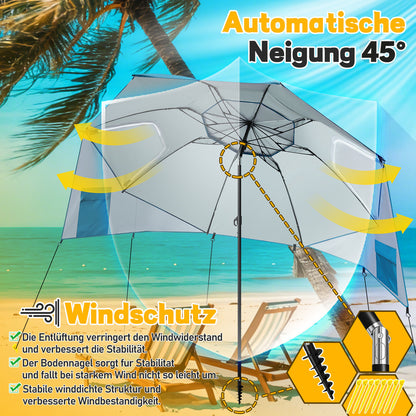 Hengda Strandschirm Strandmuschel 2 in 1 mit UV50+, mit Seitenwänden, neigbarem Drehkopf, Spiral-Erdspieß & Tragetasche