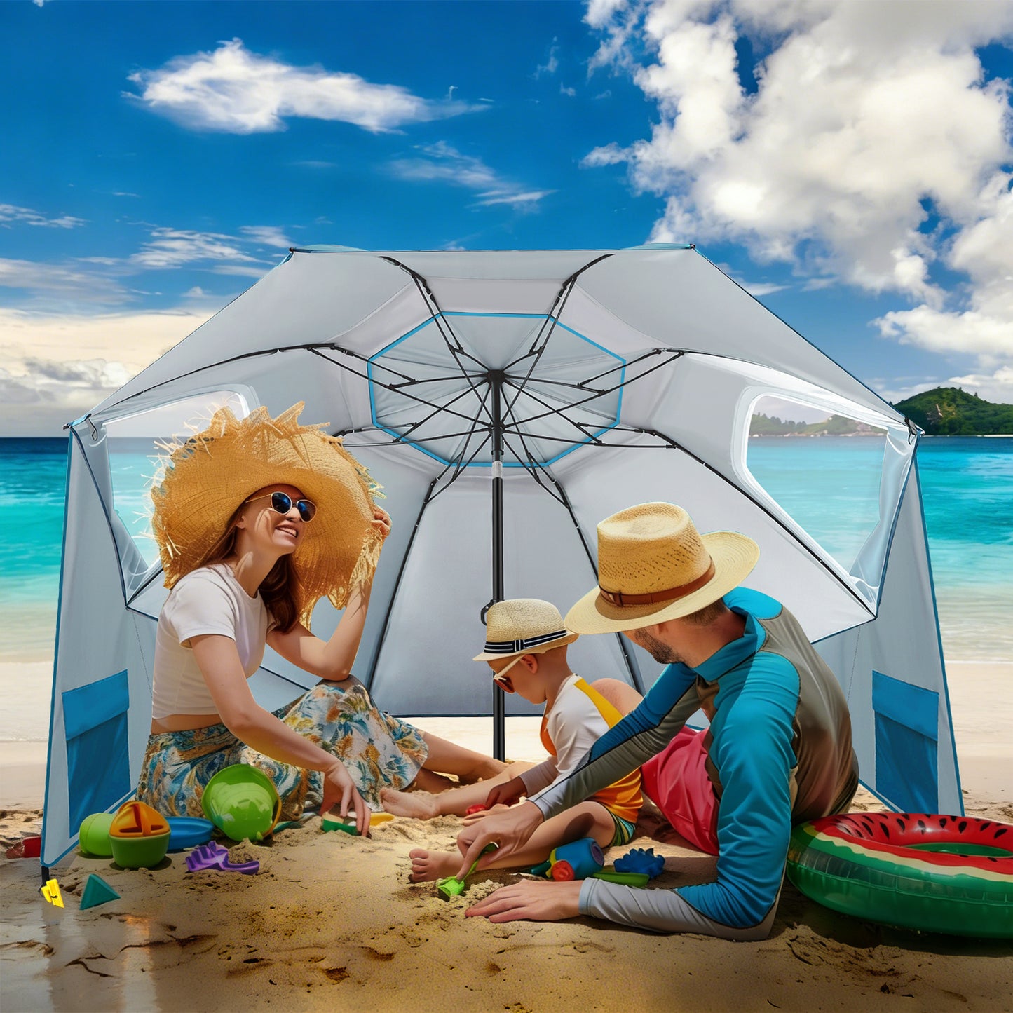 Hengda Strandschirm Strandmuschel 2 in 1 mit UV50+, mit Seitenwänden, neigbarem Drehkopf, Spiral-Erdspieß & Tragetasche