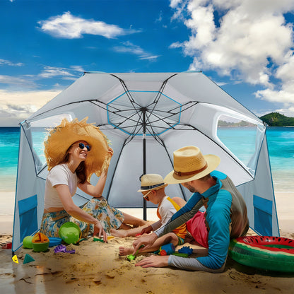Hengda Strandschirm Strandmuschel 2 in 1 mit UV50+, mit Seitenwänden, neigbarem Drehkopf, Spiral-Erdspieß & Tragetasche