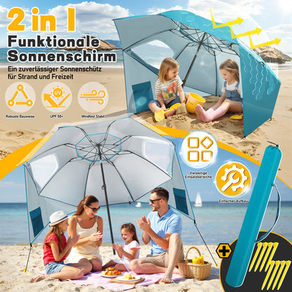 Hengda Strandschirm Strandmuschel 2 in 1 mit UV50+, mit Seitenwänden, neigbarem Drehkopf, Spiral-Erdspieß & Tragetasche