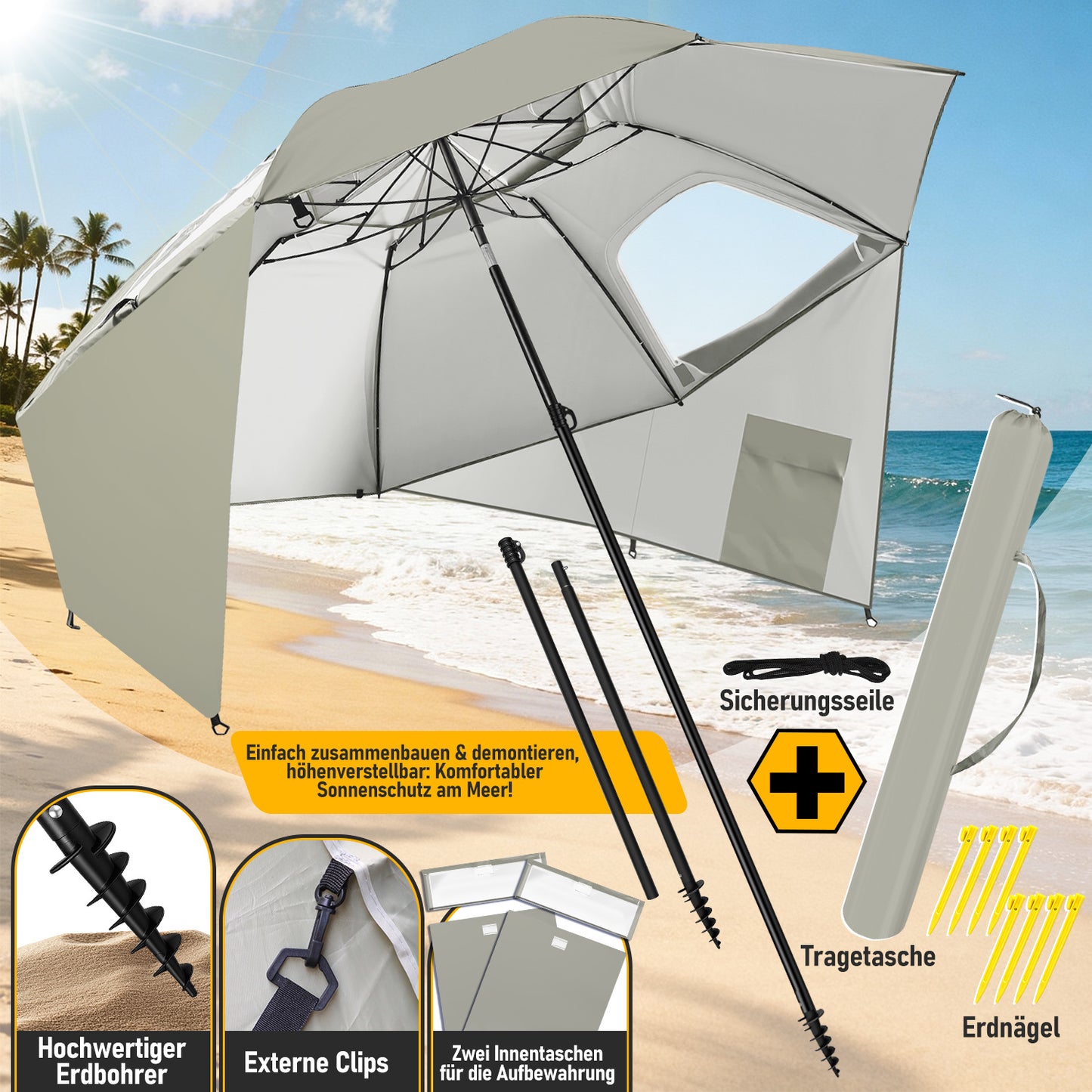 Hengda Strandschirm Strandmuschel 2 in 1 mit UV50+, mit Seitenwänden, neigbarem Drehkopf, Spiral-Erdspieß & Tragetasche