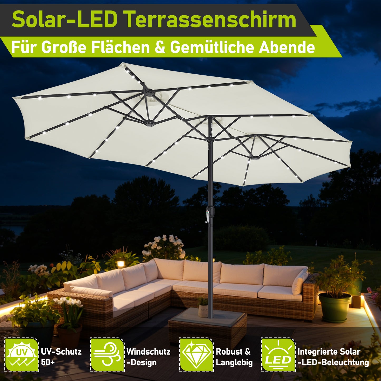 Hengda Sonnenschirm, Kurbelschirm, mit LED Solar, Terrassenschirm ohne Ständer