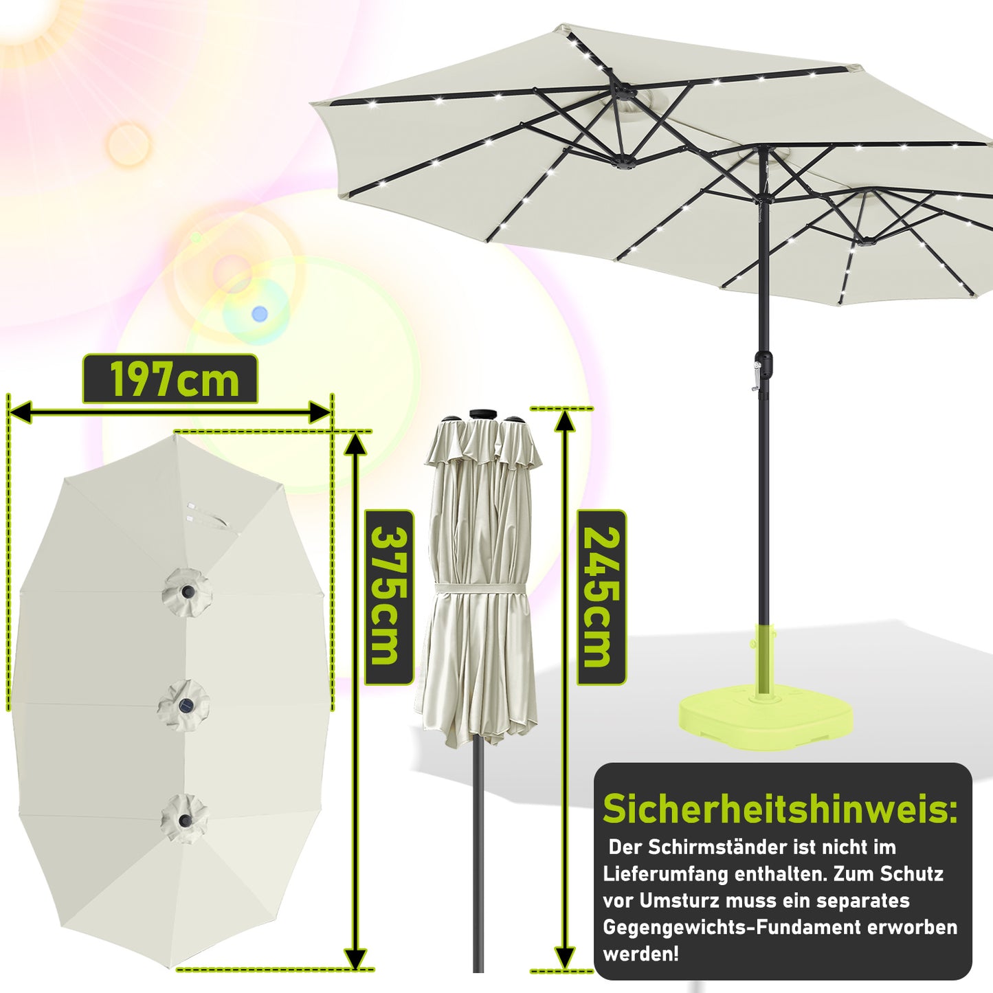 Hengda Sonnenschirm, Kurbelschirm, mit LED Solar, Terrassenschirm ohne Ständer