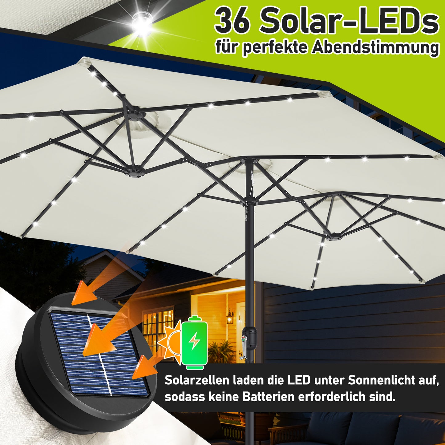 Hengda Sonnenschirm, Kurbelschirm, mit LED Solar, Terrassenschirm ohne Ständer